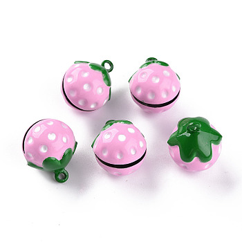 Baking Painted Brass Bell Pendants, Strawberry, Pearl Pink, 21.5x17.5x17mm, Hole: 2mm