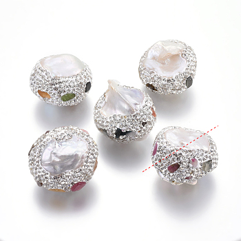 Natural Pearl Beads, with Polymer Clay Rhinestones and Gemstone, Nuggets, 22.5~25x16.5~19mm, Hole: 1mm