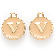 Golden Plated Alloy Enamel Charms, Cadmium Free & Lead Free, Enamelled Sequins, Flat Round with Letter, Wheat, Letter.V, 14x12x2mm, Hole: 1.5mm(X-ENAM-S118-06V)