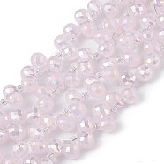 Imitation Jade Glass Beads Strands, Faceted, Top Drilled Teardrop, AB Color Plated, Pink, 10x7.5~8mm, Hole: 0.8~1mm, about 95~100pcs/strand, 23.23~26.77(59~68cm)(EGLA-F152-A04)