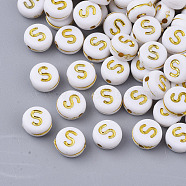 Plating Acrylic Beads, Golden Metal Enlaced, Horizontal Hole, Flat Round with Alphabet, White, Letter.S, 7x3.5mm, Hole: 1.2mm, about 360pcs/50g(X-PACR-R242-01S)