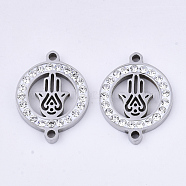 201 Stainless Steel Links connectors, with Polymer Clay Crystal Rhinestone, Flat Round with Hamsa Hand/Hand of Fatima/Hand of Miriam, Stainless Steel Color, 20x15x2.5mm, Hole: 1.6mm(STAS-N091-05P)