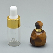 Natural Tiger Eye Openable Perfume Bottle Pendants, with Brass Findings and Glass Essential Oil Bottles, 30~36x18~20x9.5~16mm, Hole: 0.8mm, Glass Bottle Capacity: 3ml(0.101 fl. oz), Gemstone Capacity: 1ml(0.03 fl. oz)(G-E556-01F)