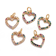 Brass Micro Pave Cubic Zirconia Charms, with Jump Rings, Heart, Colorful, Golden, 13x12.5x2mm, Hole: 3mm(ZIRC-L070-51G)
