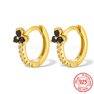 Real 18K Gold Plated 925 Sterling Silver Micro Pave Cubic Zirconia Hoop Earrings, Clover, Black, 12x10x1mm(JU6681-1)