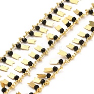 Glass Beaded Arrow Charm Chains, with Real 18K Gold Plated Brass Rope Chains, Soldered, with Spool, Black, 1.5mm(CHC-A006-12G-03)