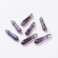 Natural Amethyst Pointed Pendants, with Platinum Tone Alloy Findings, Bullet, 33~40x8~9x8~9mm, Hole: 3x4mm(G-P309-03)