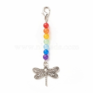 Chakra Theme Natural & Dyed Malaysia Jade Beaded Pendant Decorations, with Lobster Claw Clasps, Tibetan Style Alloy Pendants, Dragonfly, Colorful, 65.5mm(HJEW-JM00641-05)