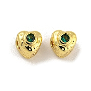Brass Micro Pave Clear Cubic Zirconia Beads, Real 18K Gold Plated, Heart, Green, 4.5x4.5x4.5mm, Hole: 1.6mm(KK-G490-17G-01)