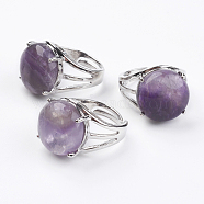 Adjustable Natural Amethyst Finger Rings, with Brass Findings, US Size 7 1/4(17.5mm)(RJEW-F075-01H)