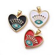 Brass Micro Pave Cubic Zirconia Pendants, with Enamel, Heart with Eye, Golden, Mixed Color, 19x19.5x2.5mm, Hole: 3.5x5mm(KK-G363-34G)
