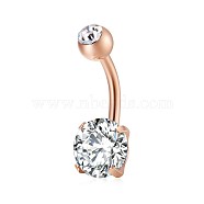 Piercing Jewelry, Brass Cubic Zirconia Navel Ring, Belly Rings, with 304 Stainless Steel Bar, Lead Free & Cadmium Free, Flat Round, Rose Gold, Clear, 21x8mm, Bar: 15 Gauge(1.5mm), Bar Length: 3/8"(10mm)(AJEW-EE0006-24G)