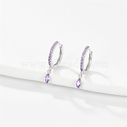 Rhodium Plated 925 Sterling Silver Hoop Earring for Dangle Earrings, with Horse Eye Cubic Zirconia Dangle Charms, Lilac, 19x2mm(NC3704-11)
