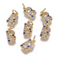 Brass Micro Pave Cubic Zirconia Charms, Letter, Colorful, Golden, Letter.B, 9.5x5.3x1.8mm, Hole: 2mm(ZIRC-L070-38B-G)