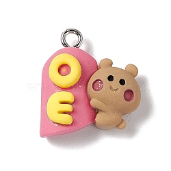 Opaque Resin Pandents, Platinum, Bear Charms with Letter OE Pattern, BurlyWood, 19.5x17x7mm, Hole: 2mm(RESI-M028-02D)