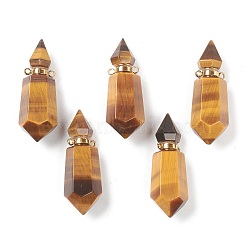 Faceted Natural Tiger Eye Pendants, Openable Perfume Bottle, with Golden Tone Brass Findings, 39~42x14~16x13~14mm, Hole: 2mm, capacity: 1ml(0.03 fl. oz)(G-H252-D01)