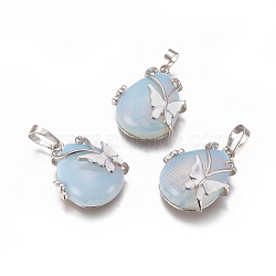 Opalite Pendants, with Enamel and Brass Findings, teardrop, with Butterfly, Platinum, 30x23.5x12mm, Hole: 10x6mm(G-K296-B03)
