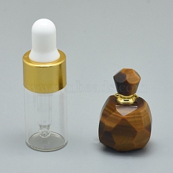 Natural Tiger Eye Openable Perfume Bottle Pendants, with Brass Findings and Glass Essential Oil Bottles, 30~36x18~20x9.5~16mm, Hole: 0.8mm, Glass Bottle Capacity: 3ml(0.101 fl. oz), Gemstone Capacity: 1ml(0.03 fl. oz)(G-E556-01F)