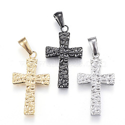 304 Stainless Steel Pendants, Hammered Cross, Mixed Color, 27.5x16x3mm, Hole: 7x3.5mm(STAS-H330-06)