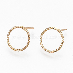 Brass Stud Earrings, Nickel Free, Textured Ring, Real 18K Gold Plated, 12mm, Pin: 0.7mm(EJEW-N018-006-NF)