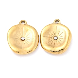 304 Stainless Steel Pendants, with Rhinestone, Flat Round with Sun, Real 14K Gold Plated, 16.5x13x2.5mm, Hole: 1.4mm(STAS-L022-151G)