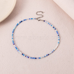 Bohemian Styles Faceted Round Glass Seed Beaded Necklaces for Women, Platinum, Blue, 16.06 inch(40.8cm)(WGF25DA-02)