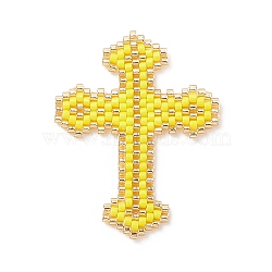 Handmade Japanese Seed Beads, Loom Pattern, Religion Cross, Yellow, 39x31x2mm(PALLOY-MZ00034)