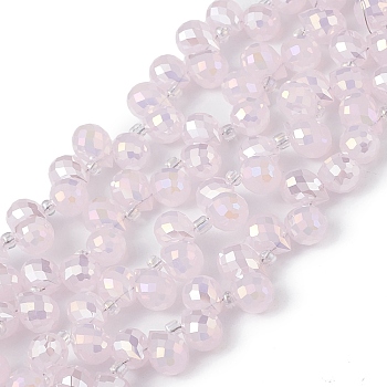 Imitation Jade Glass Beads Strands, Faceted, Top Drilled Teardrop, AB Color Plated, Pink, 10x7.5~8mm, Hole: 0.8~1mm, about 95~100pcs/strand, 23.23~26.77(59~68cm)