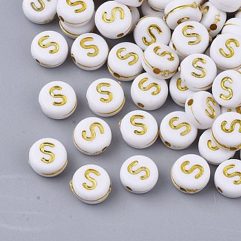 Plating Acrylic Beads, Golden Metal Enlaced, Horizontal Hole, Flat Round with Alphabet, White, Letter.S, 7x3.5mm, Hole: 1.2mm, about 360pcs/50g
