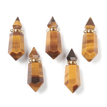 Faceted Natural Tiger Eye Pendants, Openable Perfume Bottle, with Golden Tone Brass Findings, 39~42x14~16x13~14mm, Hole: 2mm, capacity: 1ml(0.03 fl. oz)