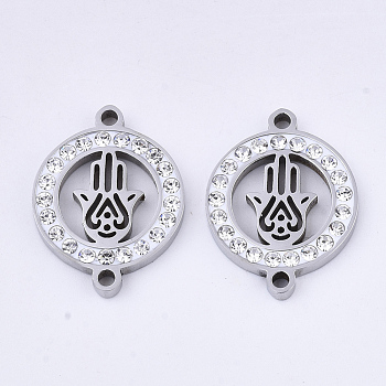 201 Stainless Steel Links connectors, with Polymer Clay Crystal Rhinestone, Flat Round with Hamsa Hand/Hand of Fatima/Hand of Miriam, Stainless Steel Color, 20x15x2.5mm, Hole: 1.6mm