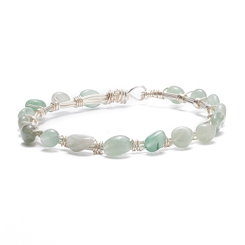 Natural Green Aventurine Braided Beaded Bracelet, Copper Wire Wrap Gemstone Jewelry for Women, Silver, 8-1/8 inch(20.6cm)