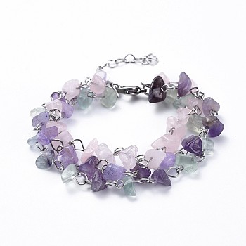 Chip Natural Mixed Stone Multi-strand Bracelets, with 304 Stainless Steel Findings, 7-1/8 inch(18cm)