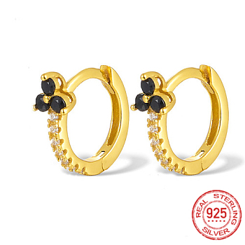 Real 18K Gold Plated 925 Sterling Silver Micro Pave Cubic Zirconia Hoop Earrings, Clover, Black, 12x10x1mm