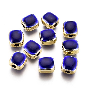 Alloy Enamel Beads, Lead Free & Cadmium Free, Squarre, Light Gold, Blue, 9x8.5x7mm, Hole: 2.5mm