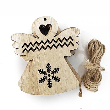 Unfinished Wood Pendant Decorations, with Hemp Rope, for Christmas Ornaments, Angel & Fairy, 7.2x6.5cm, 10pcs/bag