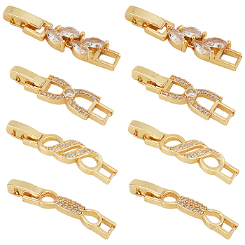 8Pcs 4 Styles Rack Plating Brass Clear Cubic Zirconia Watch Band Clasps, Cadmium Free & Lead Free, Long-Lasting Plated, Leaf & Bowknot, Golden, 32~34x5.5~8x4mm, Hole: 3~4mm, 2pcs/style