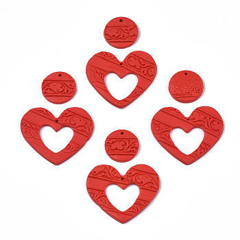 Handmade Polymer Clay Pendants, Embossed, Heart & Flat Round, Red, 18~32x18~38x3mm, Hole: 1.6~1.8mm, 2pcs/set
