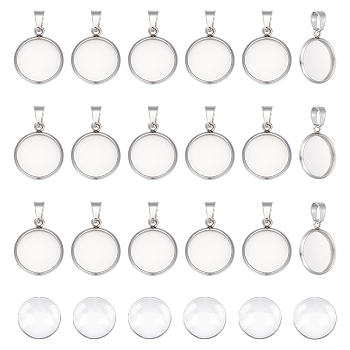 DIY Blank Dome Flat Round Pendant Making Kit, Including 304 Stainless Steel Pendant Cabochon Settings, Glass Cabochons, Stainless Steel Color, 100Pcs/box
