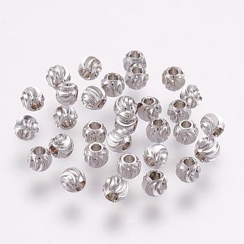 Brass Spacer Beads, Long-Lasting Plated, Corrugated Round, Platinum, 4x3mm, Hole: 1.6mm