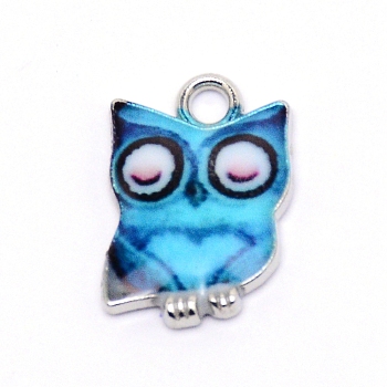 Alloy Enamel Pendants, Cadmium Free & Lead Free, Owl Shape, Platinum, Deep Sky Blue, 15x10.5x2mm, Hole: 1.8mm, 2pcs/bag