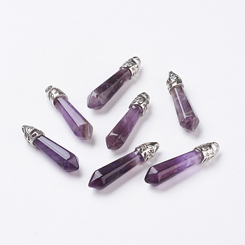 Natural Amethyst Pointed Pendants, with Platinum Tone Alloy Findings, Bullet, 33~40x8~9x8~9mm, Hole: 3x4mm