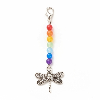 Chakra Theme Natural & Dyed Malaysia Jade Beaded Pendant Decorations, with Lobster Claw Clasps, Tibetan Style Alloy Pendants, Dragonfly, Colorful, 65.5mm