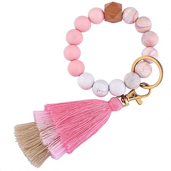 Wristlet Keychain Silicone Beaded Keychain Bracelet with Tassel Bohemian Style Wrist Keychain for Women and Girls, Pink, 22cm