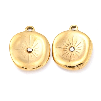 304 Stainless Steel Pendants, with Rhinestone, Flat Round with Sun, Real 14K Gold Plated, 16.5x13x2.5mm, Hole: 1.4mm