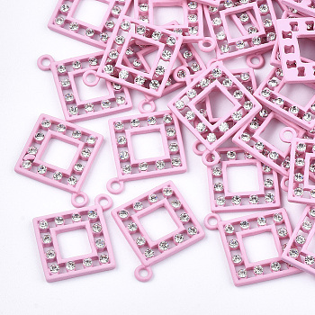 Spray Painted Alloy Pendants, with Rhinestone, Rhombus, Crystal, Pearl Pink, 26x22.5x2.5mm, Hole: 2mm