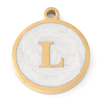 Ion Plating(IP) 201 Stainless Steel Pendants, with White Enamel, Real 18K Gold Plated, Flat Round with Letter, Letter L, 18.5x15.5x2mm, Hole: 1.6mm