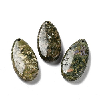 Natural Rhyolite Jasper Pendants, Teardrop Charms, 40x20x8mm, Hole: 1.5mm