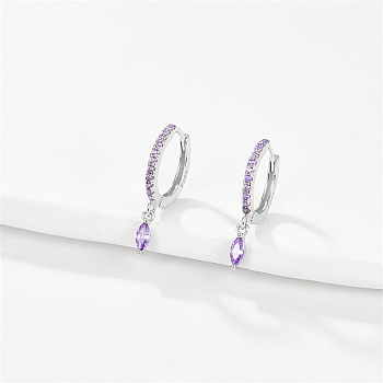 Rhodium Plated 925 Sterling Silver Hoop Earring for Dangle Earrings, with Horse Eye Cubic Zirconia Dangle Charms, Lilac, 19x2mm