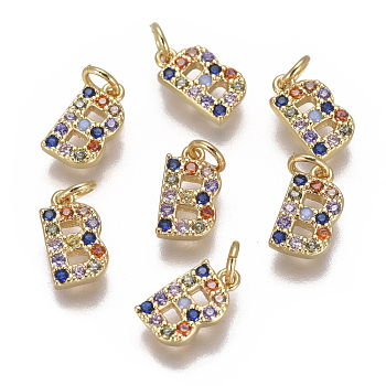 Brass Micro Pave Cubic Zirconia Charms, Letter, Colorful, Golden, Letter.B, 9.5x5.3x1.8mm, Hole: 2mm